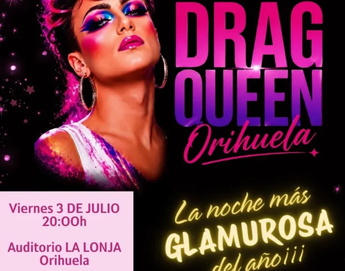 Cartel oficial de la Primera Gala Miss Drag Queen Orihuela con fecha Viernes 3 de julio a las 20:00h